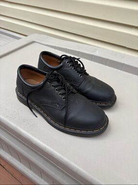 Dr. Martens Black Leather Derby Shoes with Yellow Stitching